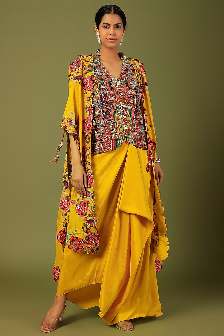 Yellow Dupion Embroidered Cape Set by Minaxi Dadoo