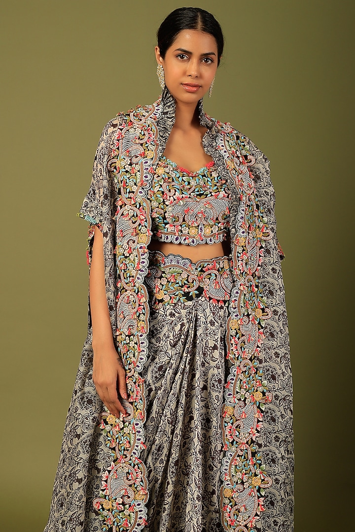 Black & White Organza Printed Cape Set by Minaxi Dadoo at Pernia's Pop Up Shop