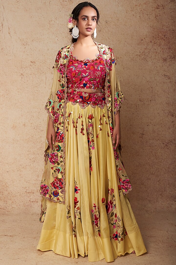 Yellow Chanderi Embroidered Skirt Set by Minaxi Dadoo at Pernia's Pop Up Shop