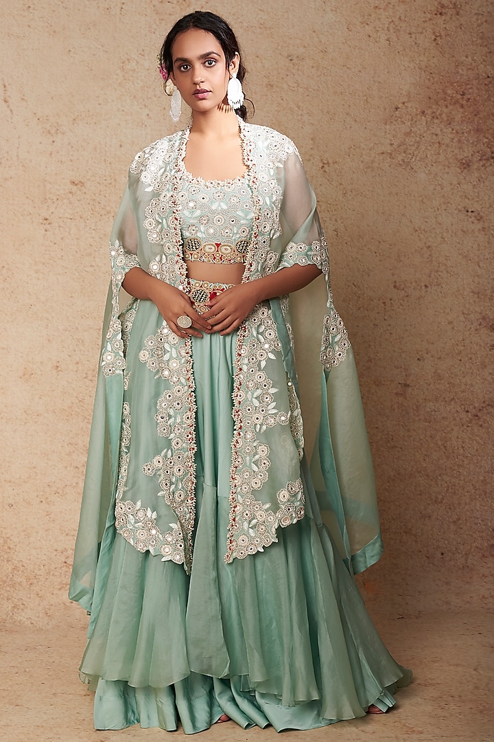 Powder Blue Organza & Satin Tiered Skirt Set by Minaxi Dadoo at Pernia's Pop Up Shop