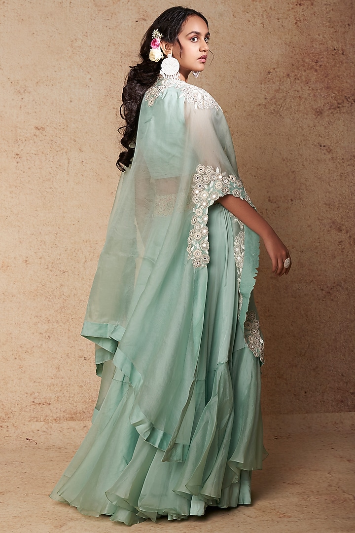 Powder Blue Organza & Satin Tiered Skirt Set by Minaxi Dadoo at Pernia's Pop Up Shop