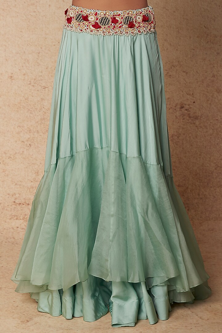 Powder Blue Organza & Satin Tiered Skirt Set by Minaxi Dadoo at Pernia's Pop Up Shop