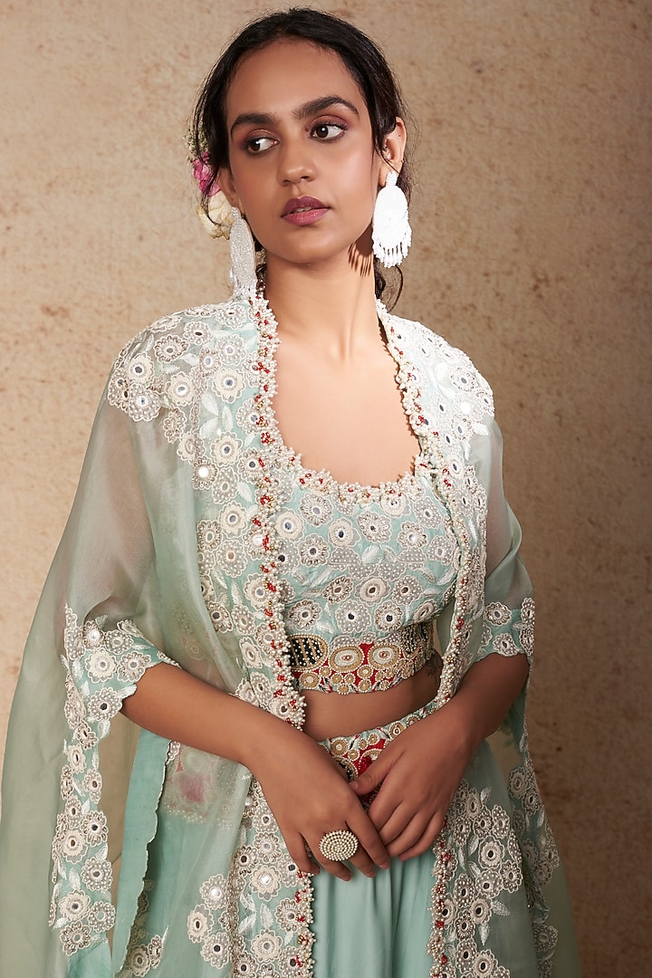 Powder Blue Organza & Satin Tiered Skirt Set by Minaxi Dadoo at Pernia's Pop Up Shop
