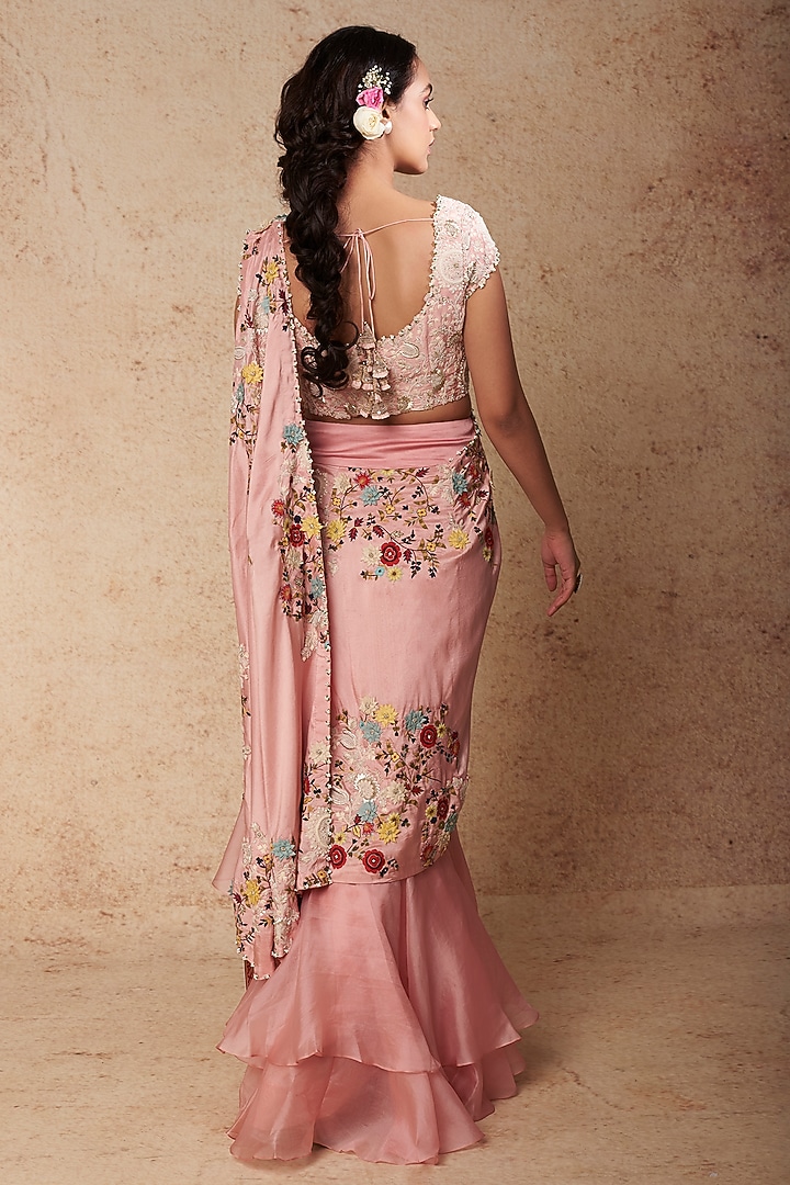 Pink Dupion Embroidered Draped Bridal Saree Set by Minaxi Dadoo at Pernia's Pop Up Shop