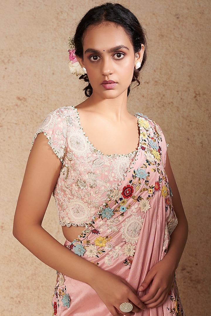 Pink Dupion Embroidered Draped Bridal Saree Set by Minaxi Dadoo at Pernia's Pop Up Shop