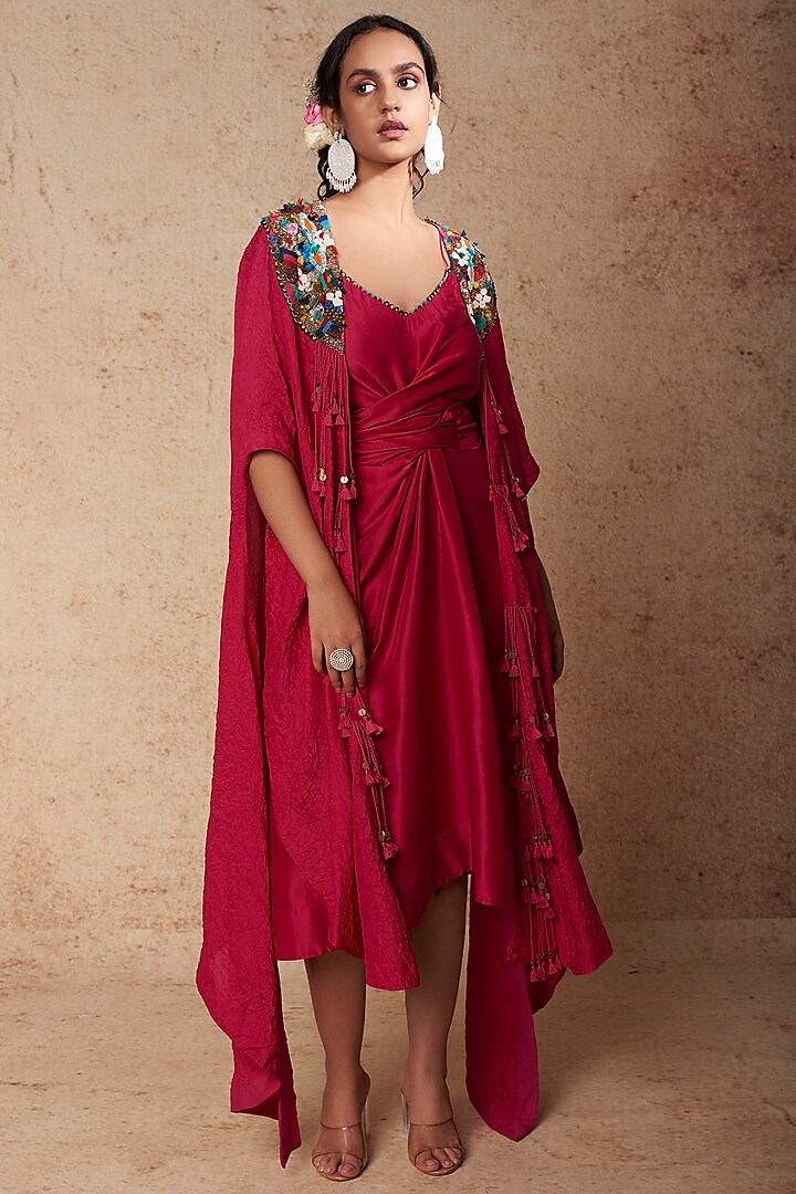Rani Silk Knotted Dress With Cape by Minaxi Dadoo