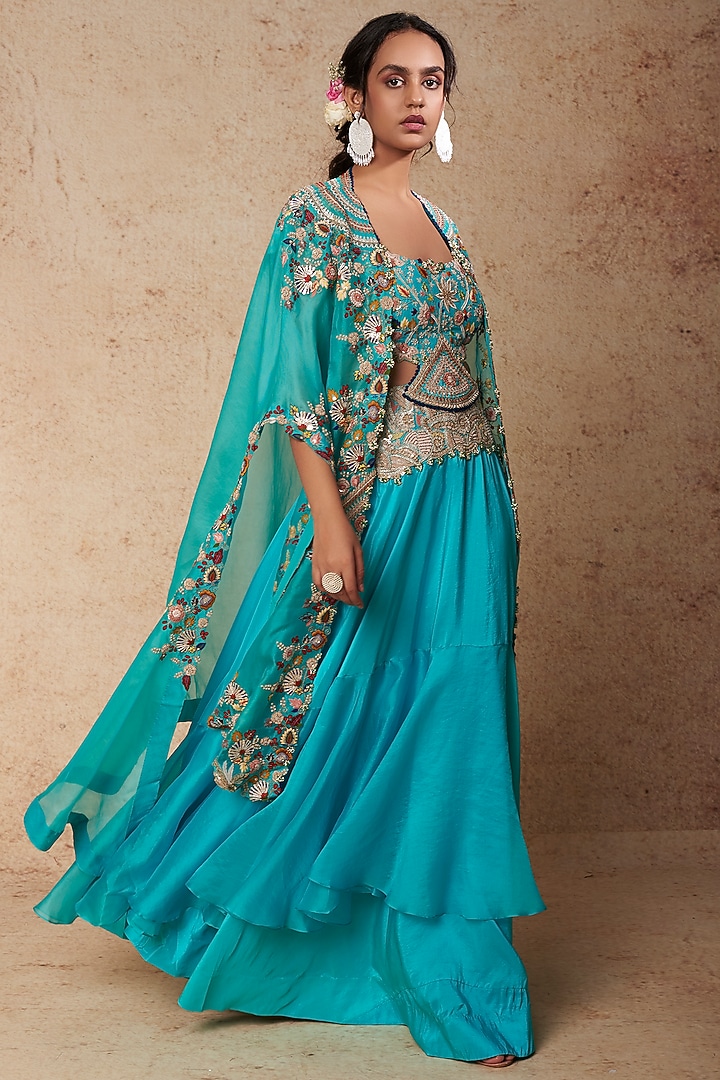 Firozi Blue Silk Tiered Skirt Set by Minaxi Dadoo at Pernia's Pop Up Shop