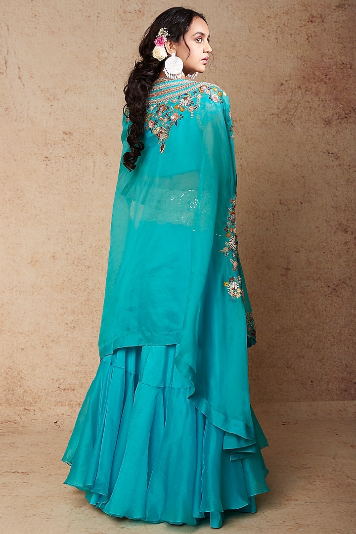 Firozi Blue Silk Tiered Skirt Set by Minaxi Dadoo at Pernia's Pop Up Shop