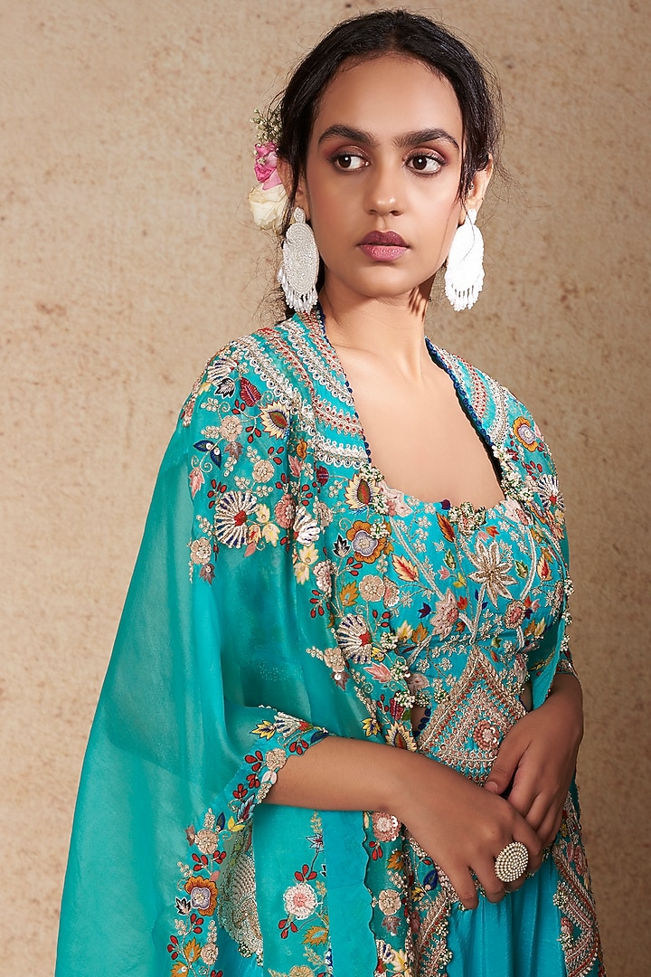 Firozi Blue Silk Tiered Skirt Set by Minaxi Dadoo at Pernia's Pop Up Shop