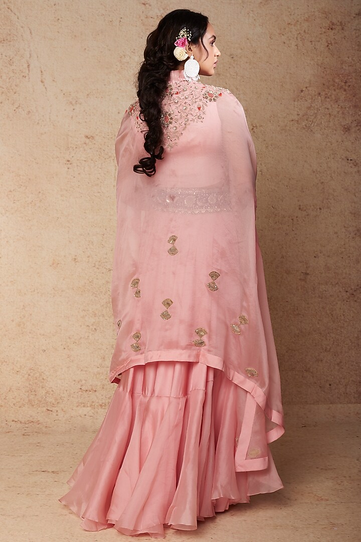 Pink Satin & Organza Tiered Skirt Set by Minaxi Dadoo at Pernia's Pop Up Shop