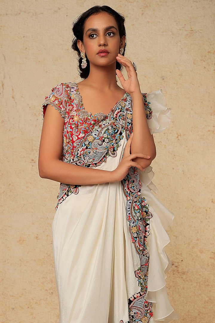 Ivory Dupion Silk & Organza Embroidered Draped Reception Saree Set by Minaxi Dadoo at Pernia's Pop Up Shop