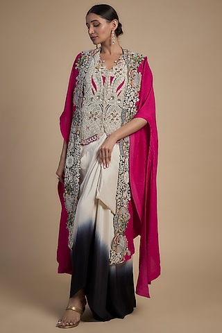 Rani Pink Dupion Thread Embroidered Butterfly Cape Set by Minaxi Dadoo