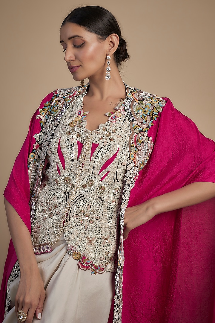 Rani Pink Dupion Thread Embroidered Butterfly Cape Set by Minaxi Dadoo at Pernia's Pop Up Shop