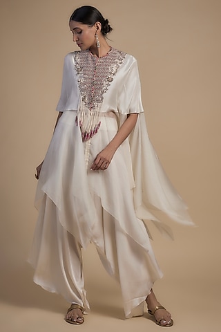 Ivory Dupion Silver Dori Embroidered Cape Set by Minaxi Dadoo