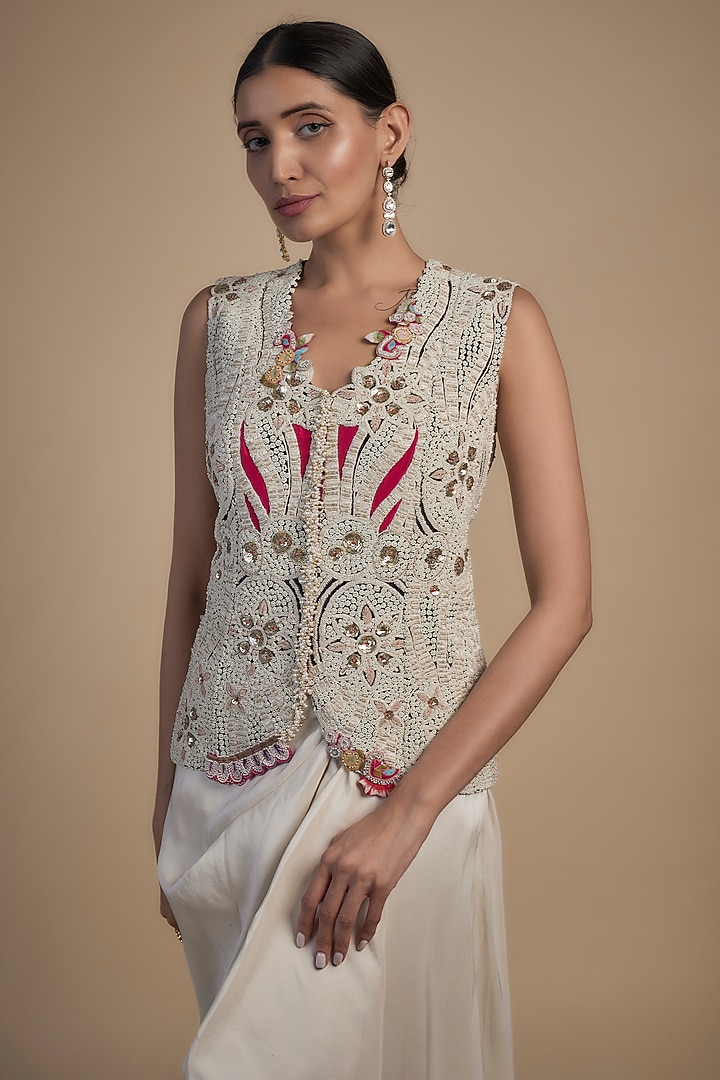 Ivory Dupion Silver Dori Embroidered Cape Set by Minaxi Dadoo at Pernia's Pop Up Shop