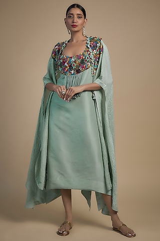 Powder Blue Crushed Dupion Kurta With Cape by Minaxi Dadoo