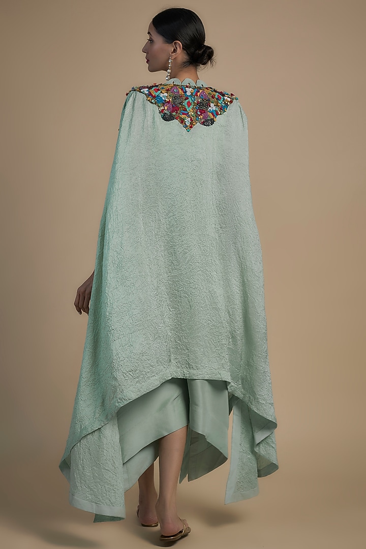 Powder Blue Crushed Dupion Kurta With Cape by Minaxi Dadoo at Pernia's Pop Up Shop