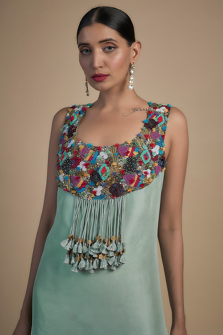 Powder Blue Crushed Dupion Kurta With Cape by Minaxi Dadoo at Pernia's Pop Up Shop