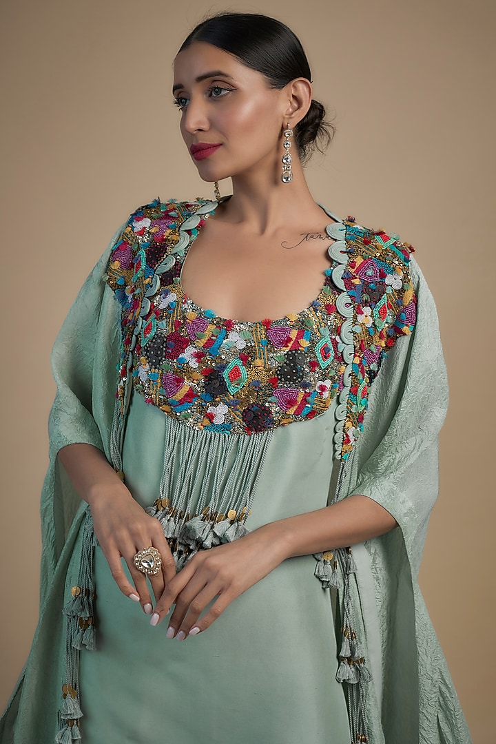 Powder Blue Crushed Dupion Kurta With Cape by Minaxi Dadoo at Pernia's Pop Up Shop