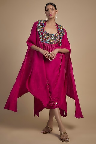 Rani Pink Crushed Dupion Kurta With Cape by Minaxi Dadoo