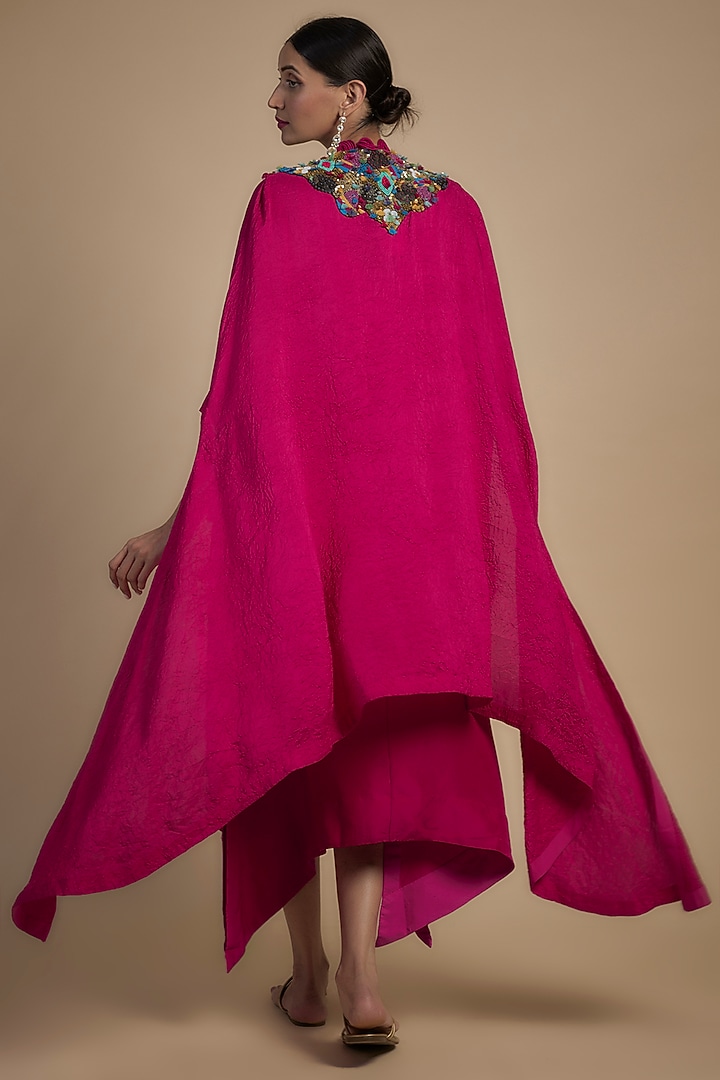 Rani Pink Crushed Dupion Kurta With Cape by Minaxi Dadoo at Pernia's Pop Up Shop