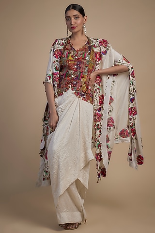 Ivory Dupion Kashmiri Embroidered Butterfly Cape Set by Minaxi Dadoo