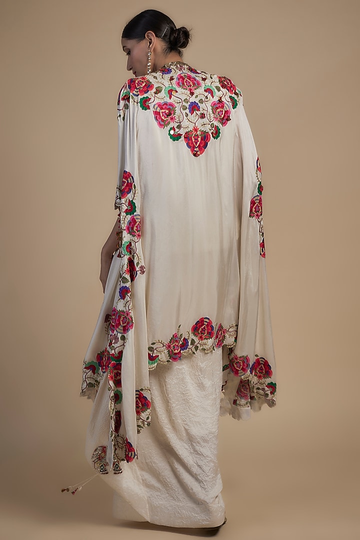 Ivory Dupion Kashmiri Embroidered Butterfly Cape Set by Minaxi Dadoo at Pernia's Pop Up Shop