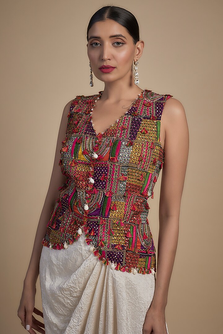 Ivory Dupion Kashmiri Embroidered Butterfly Cape Set by Minaxi Dadoo at Pernia's Pop Up Shop
