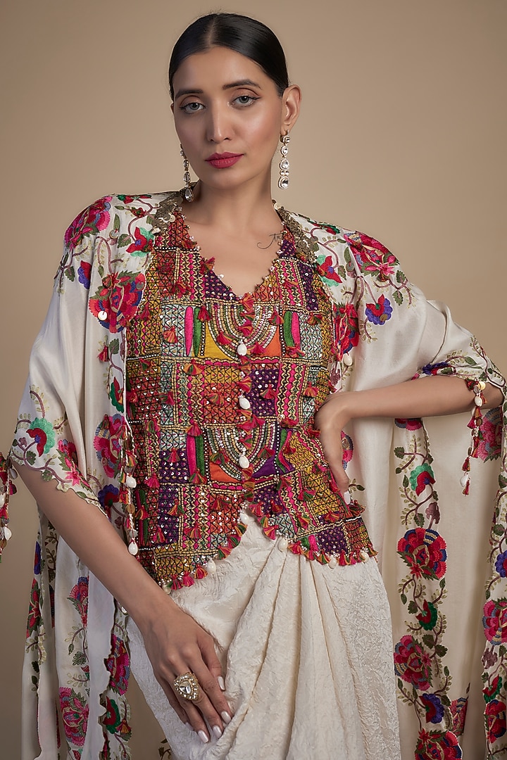 Ivory Dupion Kashmiri Embroidered Butterfly Cape Set by Minaxi Dadoo at Pernia's Pop Up Shop