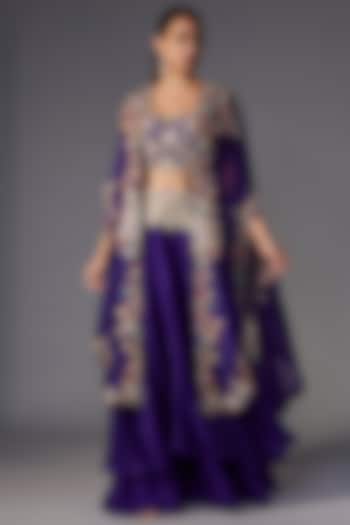 Violet Organza Sequins & Thread Embroidered Cape Set by Minaxi Dadoo at Pernia's Pop Up Shop