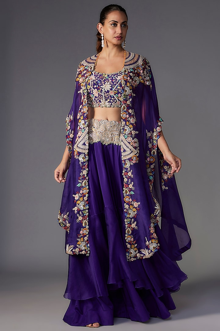 Violet Organza Sequins & Thread Embroidered Cape Set by Minaxi Dadoo at Pernia's Pop Up Shop