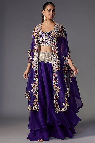 Violet Organza Sequins & Thread Embroidered Cape Set by Minaxi Dadoo