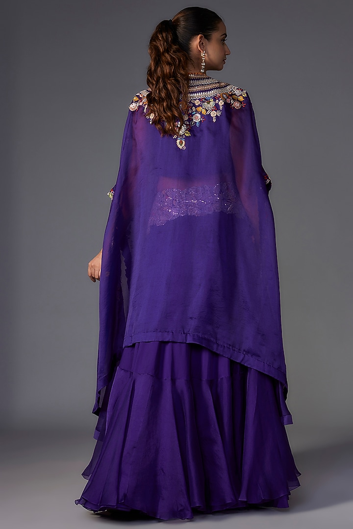 Violet Organza Sequins & Thread Embroidered Cape Set by Minaxi Dadoo at Pernia's Pop Up Shop