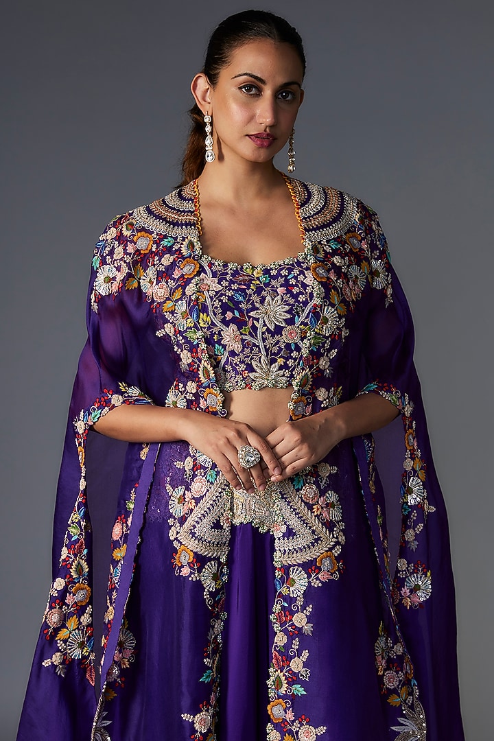 Violet Organza Sequins & Thread Embroidered Cape Set by Minaxi Dadoo at Pernia's Pop Up Shop