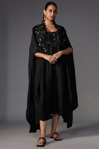 Black Dupion & Organza Sequins Embroidered Jacket Dress by Minaxi Dadoo