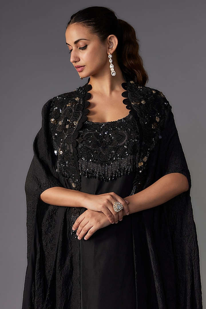 Black Dupion & Organza Sequins Embroidered Jacket Party Wear Dress by Minaxi Dadoo at Pernia's Pop Up Shop