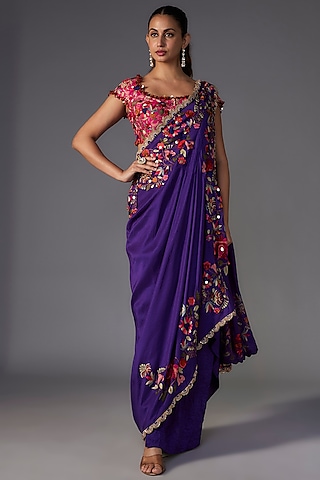 Violet Dupion Thread Embroidered Draped Saree Set by Minaxi Dadoo