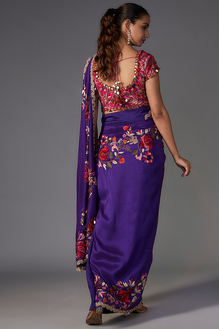 Violet Dupion Thread Embroidered Draped Reception Saree Set by Minaxi Dadoo at Pernia's Pop Up Shop