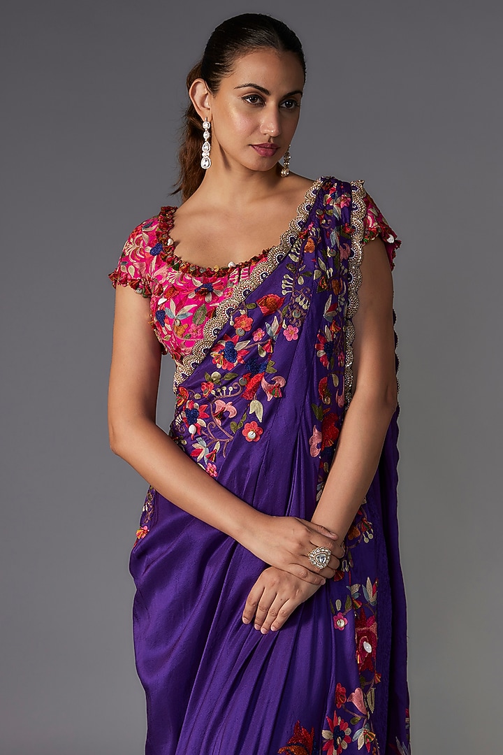 Violet Dupion Thread Embroidered Draped Reception Saree Set by Minaxi Dadoo at Pernia's Pop Up Shop
