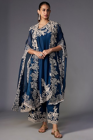 Peacock Blue Organza Pearl & Lace Embroidered Cape Set by Minaxi Dadoo