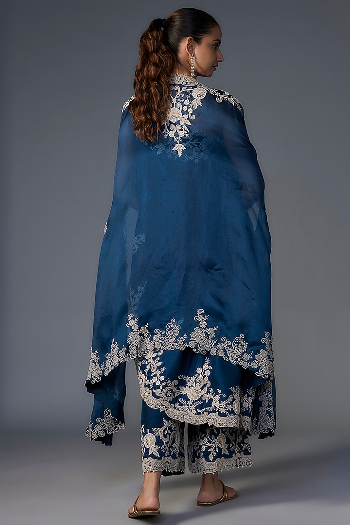 Peacock Blue Organza Pearl & Lace Embroidered Cape Set by Minaxi Dadoo at Pernia's Pop Up Shop