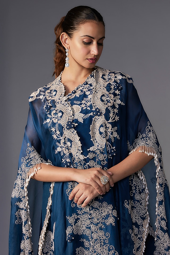 Peacock Blue Organza Pearl & Lace Embroidered Cape Set by Minaxi Dadoo at Pernia's Pop Up Shop