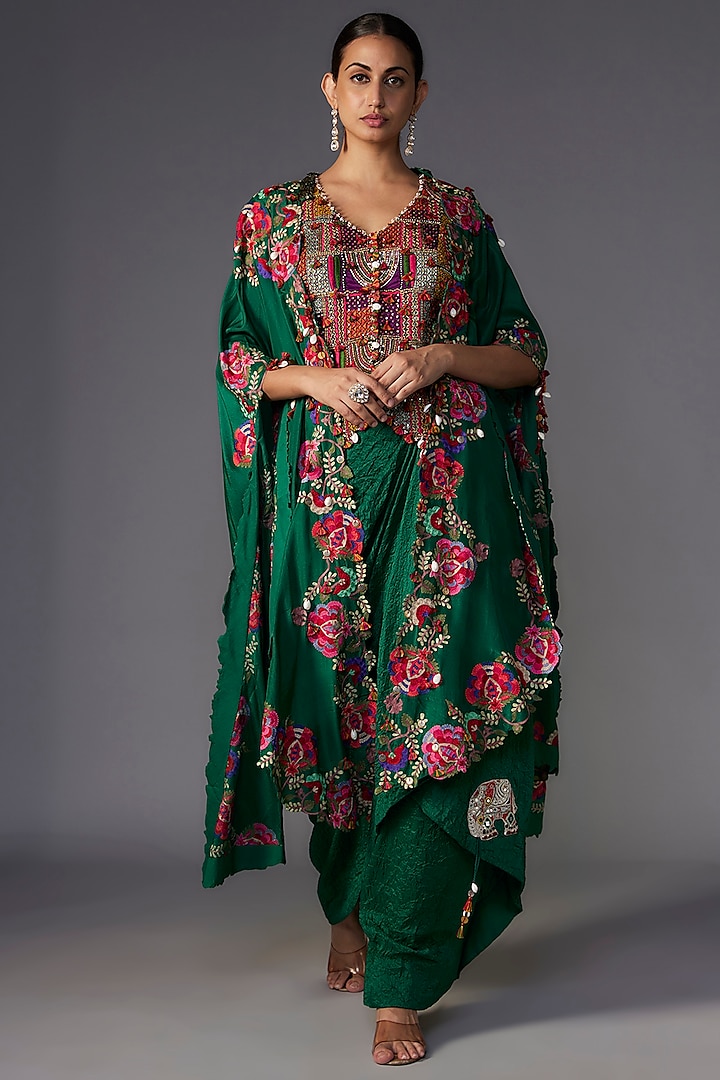 Green Dupion Thread Embroidered Cape Set by Minaxi Dadoo at Pernia's Pop Up Shop
