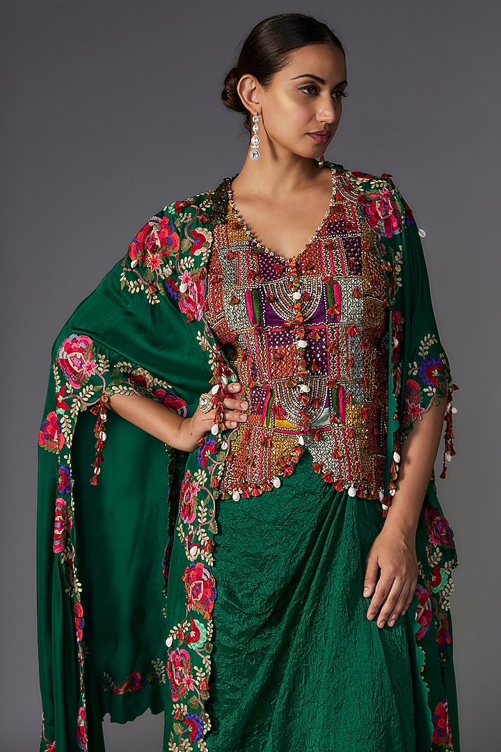 Green Dupion Thread Embroidered Cape Set by Minaxi Dadoo at Pernia's Pop Up Shop