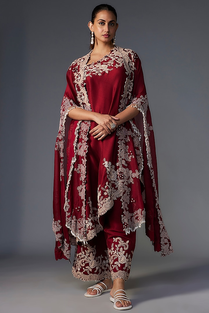 Maroon Organza Pearl & Lace Embroidered Cape Set by Minaxi Dadoo at Pernia's Pop Up Shop