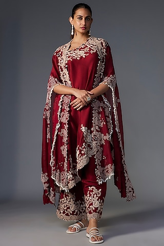 Maroon Organza Pearl & Lace Embroidered Cape Set by Minaxi Dadoo