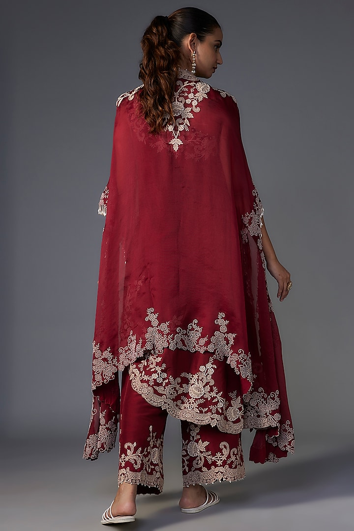 Maroon Organza Pearl & Lace Embroidered Cape Set by Minaxi Dadoo at Pernia's Pop Up Shop