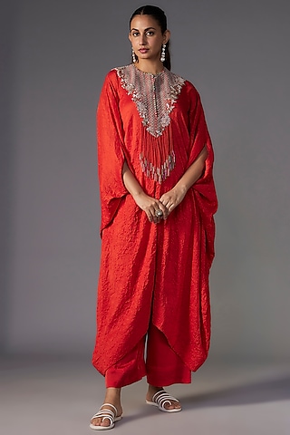 Rust Orange Dupion Thread & Sequins Embroidered Kaftan Set by Minaxi Dadoo