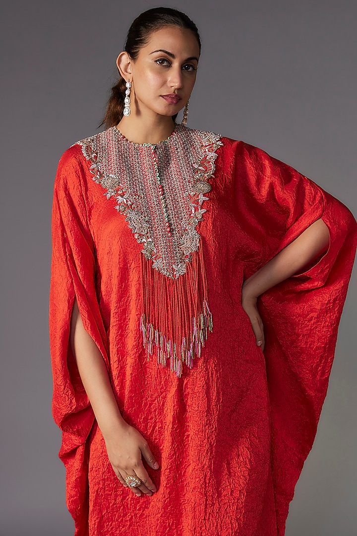 Rust Orange Dupion Thread & Sequins Embroidered Kaftan Set by Minaxi Dadoo at Pernia's Pop Up Shop