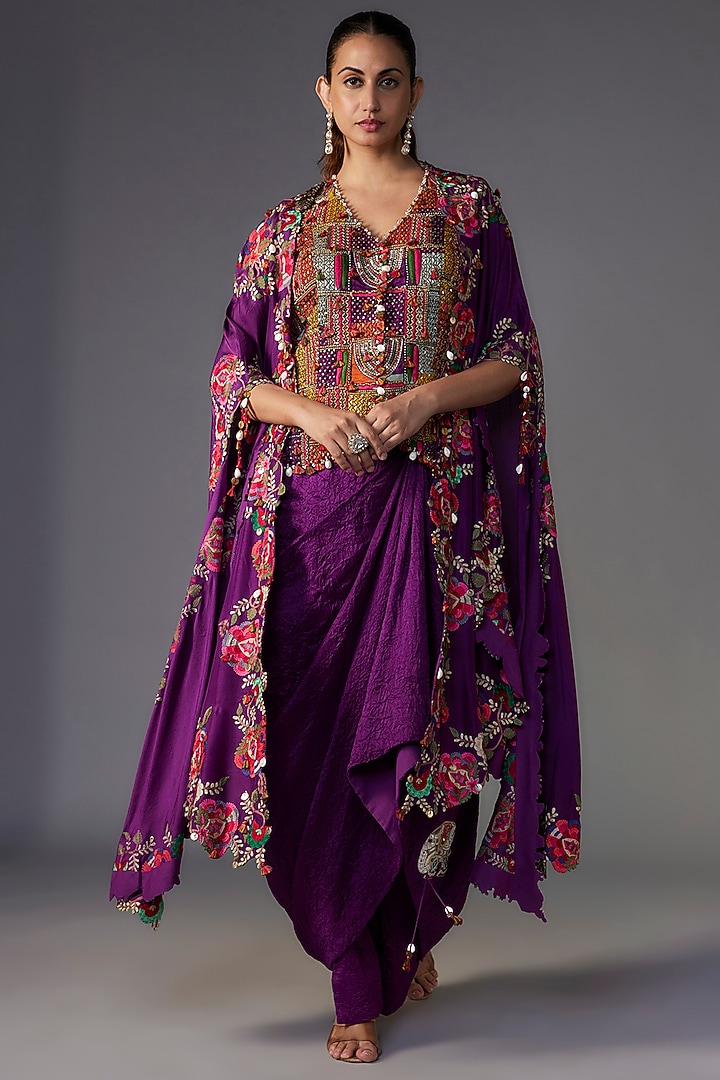 Purple Dupion Thread Embroidered Cape Set by Minaxi Dadoo at Pernia's Pop Up Shop